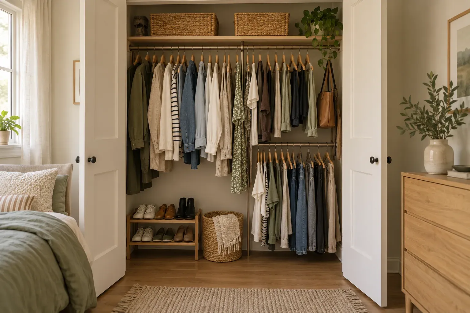 Compact reach-in closet with two hanging levels, upper baskets and shoes arranged below