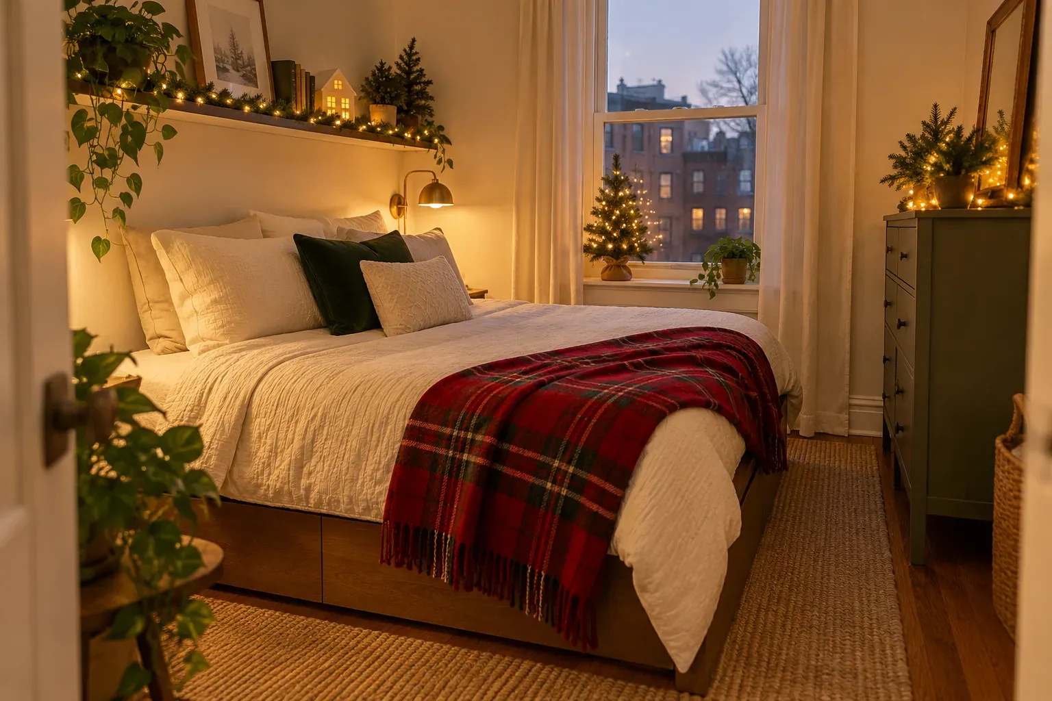 Small bedroom with ivory bedding, plaid throw, modest greenery and a miniature Christmas tree