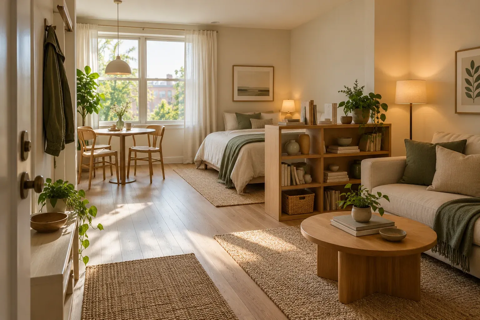 Small studio apartment with separate sleeping, seating and dining areas and a clear central route