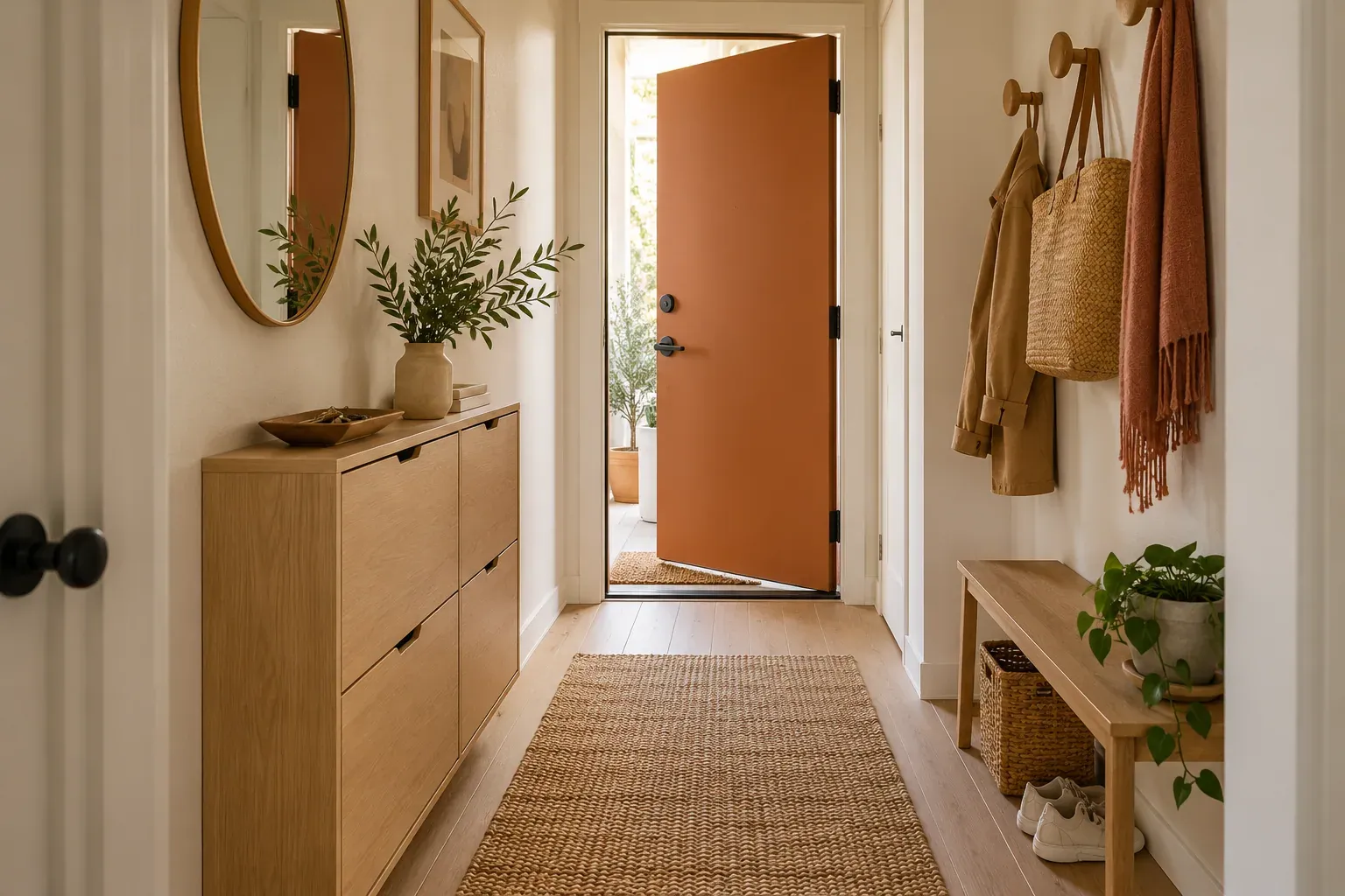 Narrow apartment entry with shallow shoe cabinet, wall hooks, mirror and open walkway