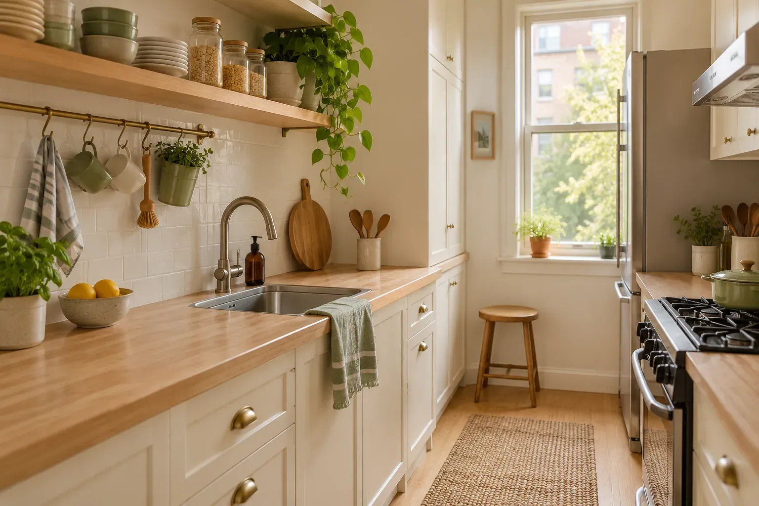 Compact light kitchen with clear worktop, organized shelves and practical storage